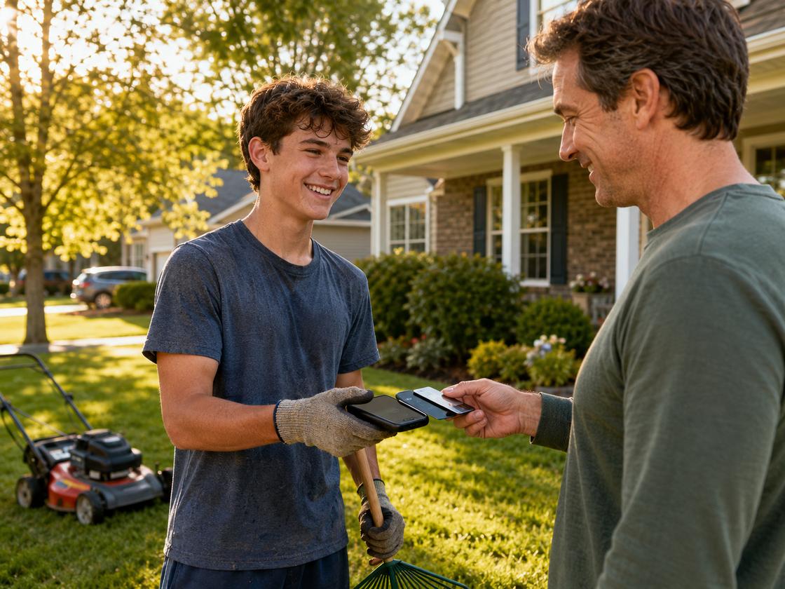 A teen being paid for yard work by a neighbor
