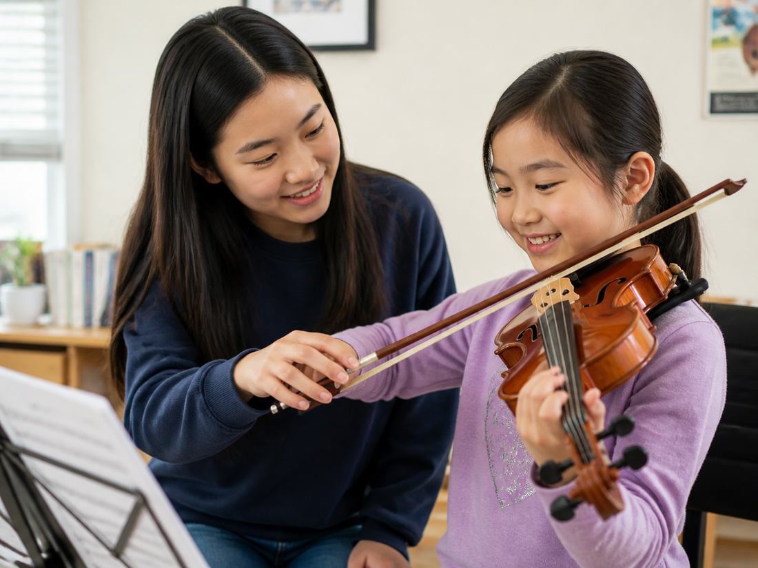 A student teaching a young girl to play the violin