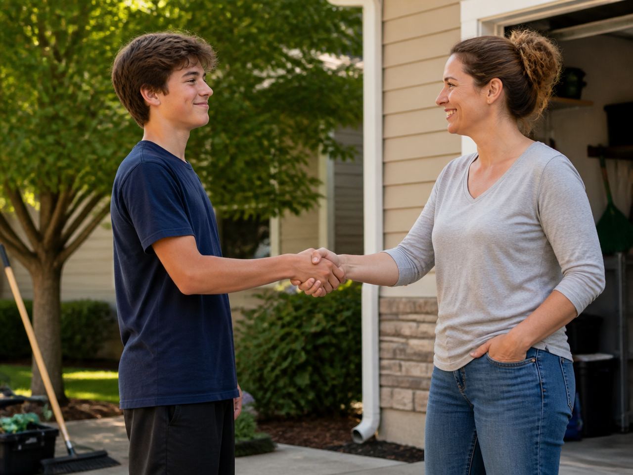 A teen shaking hands with a neighbor after a job