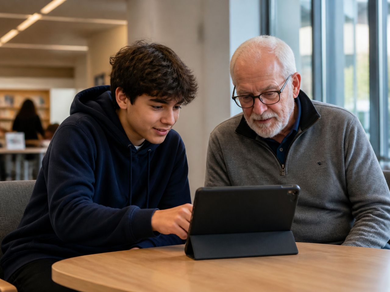 A teen helping a senior use a tablet