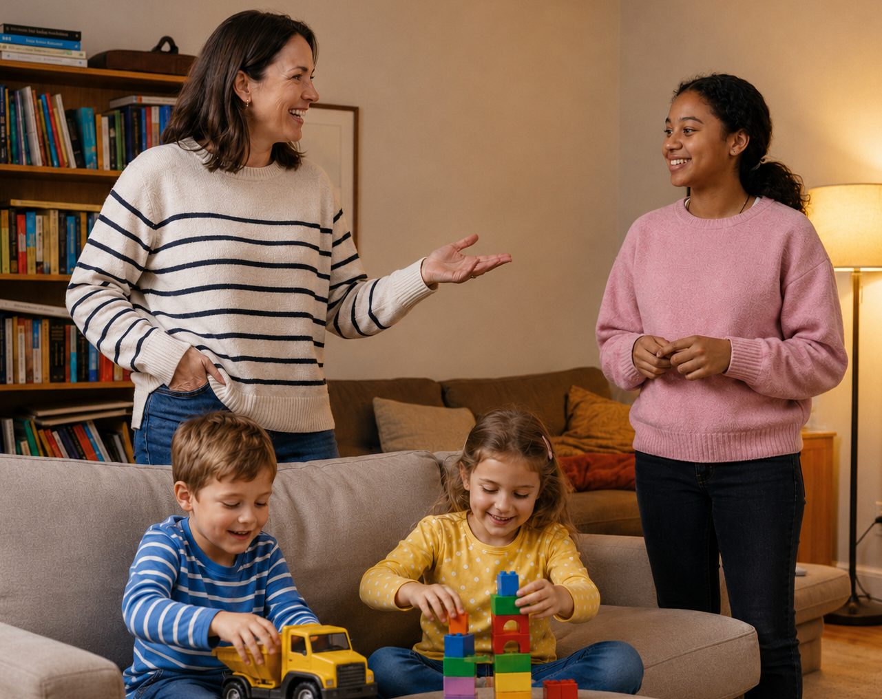 A parent introducing a local student sitter to their two children at home
