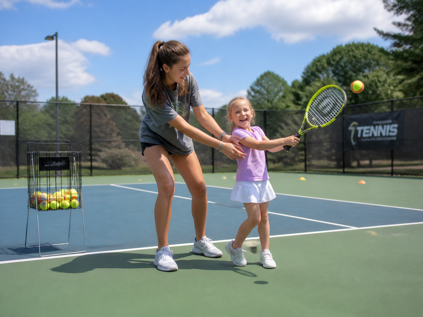 A teen tennis coach helping a younger girl with her swing